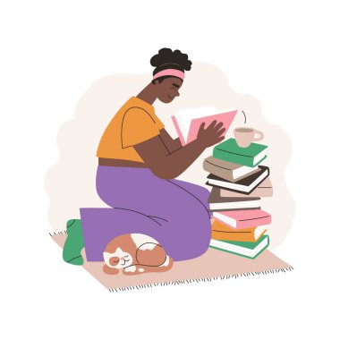 Kız karakter bir yığın kitabın yanında oturuyor. Kendini geliştirme illüstrasyonu. Eğitim ve kişisel gelişim kavramı. Siyahi Afrikalı Amerikalı genç bir kadın ilgiyle kitap okuyor. Dünya Kitap Günü