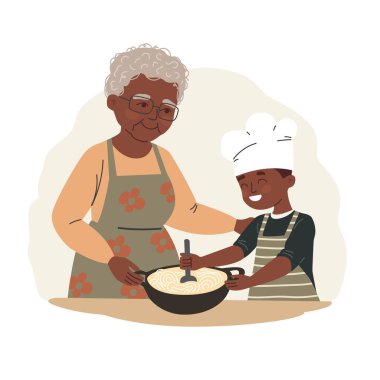 Düz vektör çizimi, koyu tenli bir büyükannenin torununa mutfakta nasıl yemek pişirileceğini sevgiyle öğrettiğini gösteriyor. Çocuk temel aşçılık becerilerini öğreniyor. İlgili temalar için mükemmel