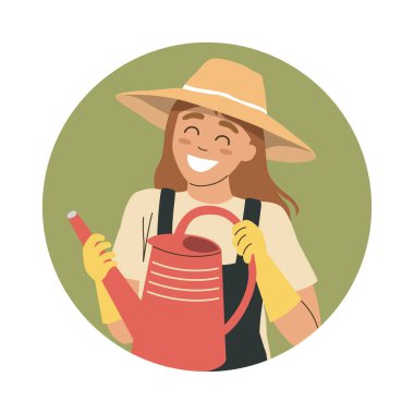 Hasır şapkalı, kırmızı sulama kutusuyla gülümseyen kadın bahçıvan. Bahçıvanlıktan hoşlanan, tulumlu ve eldivenli hoş bir bayan karakter. Eko yaşam tarzı, tarım, bahçıvanlık veya bahar temalı tasarımlar için renkli çizimler.