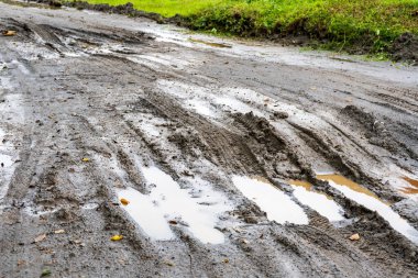 Çoklu aracın izlerinin bulunduğu bir parktaki su dolu kumlu yolun yan görüntüsü