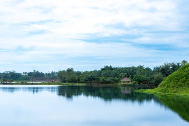 Bir sürü ağaç, bir göl ve görülebilir bulutlu mavi gökyüzü olan bir manzara.