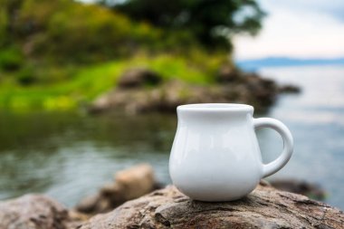 A cream mug standing still on the top of a rock while showing the out of focus scenery at the background, cream mug mockup image