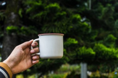 A hand holding an enamel mug with out of focus tree on the background at a park, enamel mug mockup image