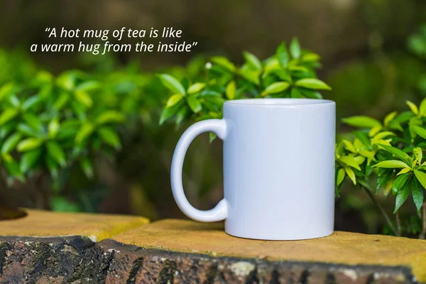 Tea quote - A hot mug of tea is like a warm hug from the inside. With a white blank mug standing near a plants
