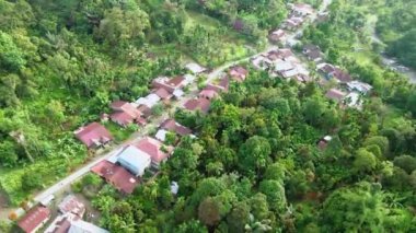 Ağaçlarla çevrili küçük bir köyün hava görüntüleri, ortadaki küçük yola odaklanmış, İHA ile çekilmiş.