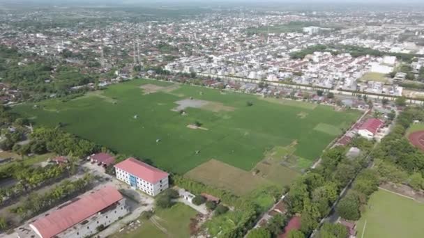 Luftaufnahmen Eines Feldes Mitten Einer Stadt Aufgenommen Mit Einer Drohne — Stockvideo