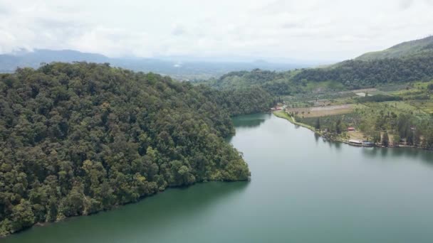 Imágenes Aéreas Bosque Gran Lago Una Tierra Cultivada Tomadas Con — Vídeos de Stock