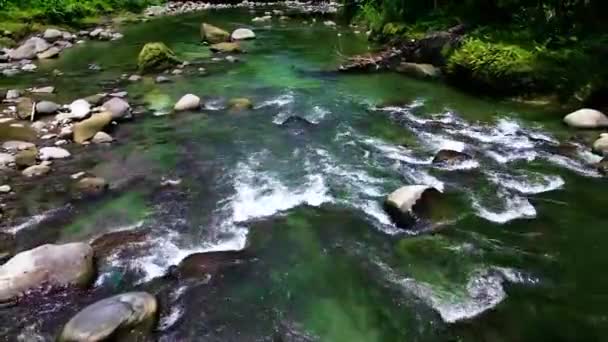 令人着迷的景象是 水缓缓地在河中岩石周围流动 被优美的淡出空中镜头所捕捉 这营造了一种平静的氛围 使人们感到舒缓 — 图库视频影像