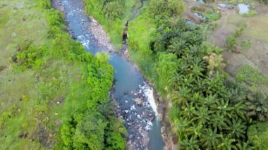Bir dron ile alınan yolu takip eden bir nehir yolu görüntüsü.