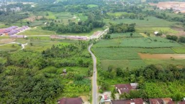 Tarlalarla çevrili bir alışveriş merkezi yoluna odaklanmış kırsal alanın hava görüntüleri, insansız hava aracı ile çekildi.