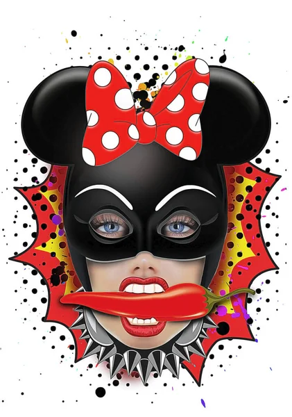 Girl Black Mouse Mask Red Pepper — Stock Photo, Image