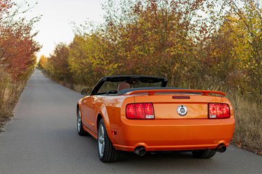 Turuncu Mustang GT Üstü açılabilir Gümrük Ormanı Yolu 22 Ekim 2024, Irpin, Ukrayna