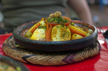 Close up of a traditional tagine with mixed vegetables. Morocco