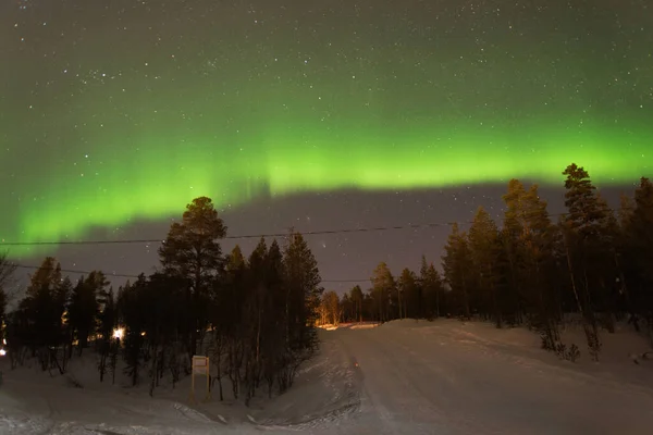 Winter landscape at night with beautiful green northern lights. Lapland