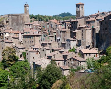 Sorano 'nun taş binaları, Toscana, İtalya' nın pitoresk kasabası.