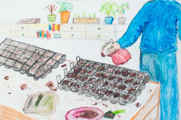 Suluboya. Tanımlanamayan bir insan bahçesinin naif çizimi