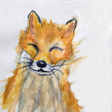 Suluboya. Kapalı gözlü altın tilki tasviri. Beyaz arkaplan