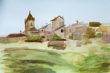 Suluboya. Uzaktan El Frago, Zaragoza, İspanya 'nın Naif illüstrasyonu.