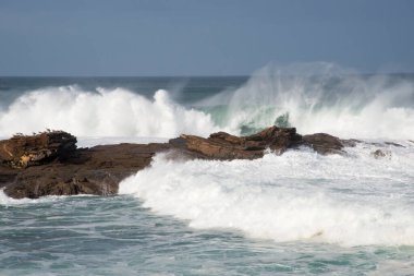 Güçlü dalgalar bir kayaya çarpıyor, Cantabrian denizi, Atlantik okyanusu. Asturias, İspanya