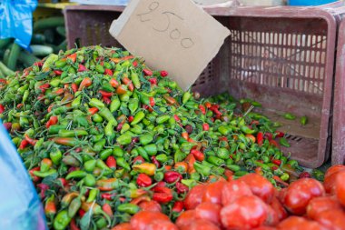 Satmak için küçük yeşil ve kırmızı biberler. Tunus 'taki Douz pazarında küçük bir iş. Kimse yok..