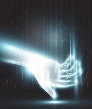 İçinde elektronik devreler olan parıldayan bir el..