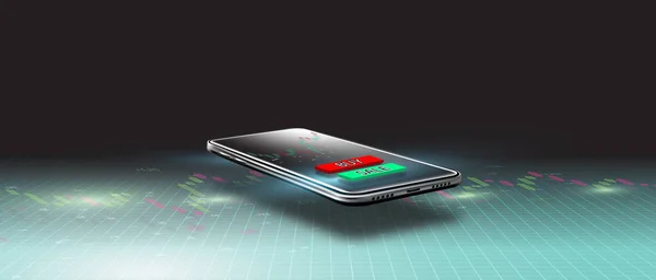 Telefon, hisse senedi alım-satımlarını gösteren numaralar ve hatlarla bir ızgara üzerinde yüzüyor, modern görünüyor..