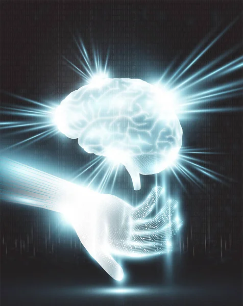 Hjärna Flyter Elektronisk Handflata Med Ljus Och Siffror Utbuktande — Stock vektor