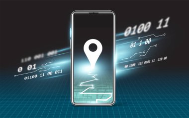 Cep telefonunun ekranındaki konum sembolü, 3 boyutlu izometrik teknoloji hatları, modern görünüm.