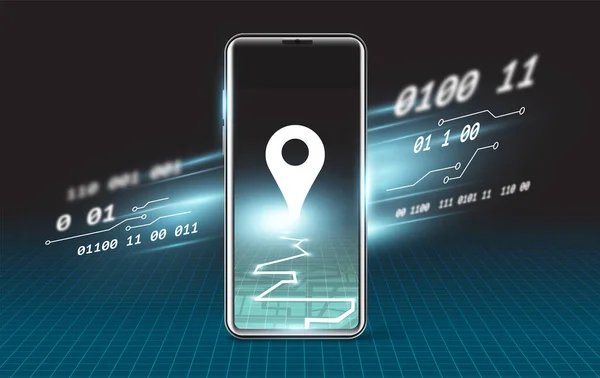 Cep telefonunun ekranındaki konum sembolü, 3 boyutlu izometrik teknoloji hatları, modern görünüm.