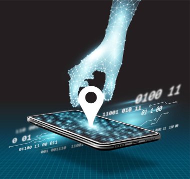 3D el cep telefonunun ekranındaki konum işaretini almak için uzanıyor