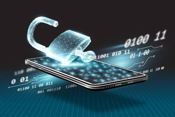 3D cep telefonunun önünde asma kilit açık ve arka plandaki teknoloji ışık hatları modern görünüyor..