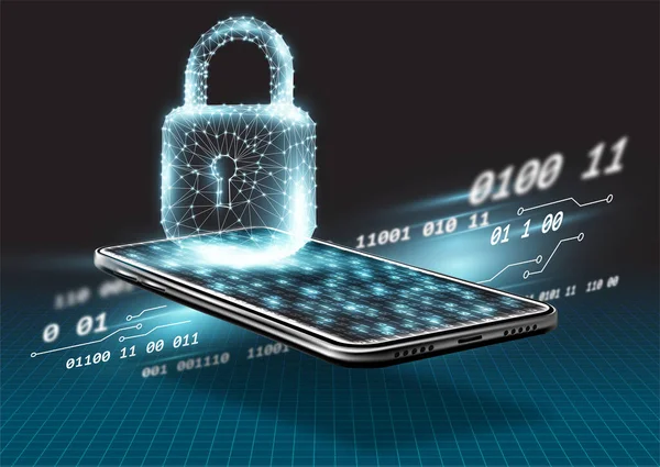 3D bir cep telefonunun önüne asma kilit konur ve arka planda bir teknoloji ışığı hattı yerleştirilir..