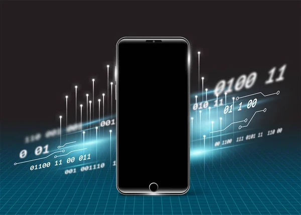 Siyah ekran bir cep telefonu, teknolojiyi gösteren çizgilerin ve ışıkların önüne yerleştirilir..