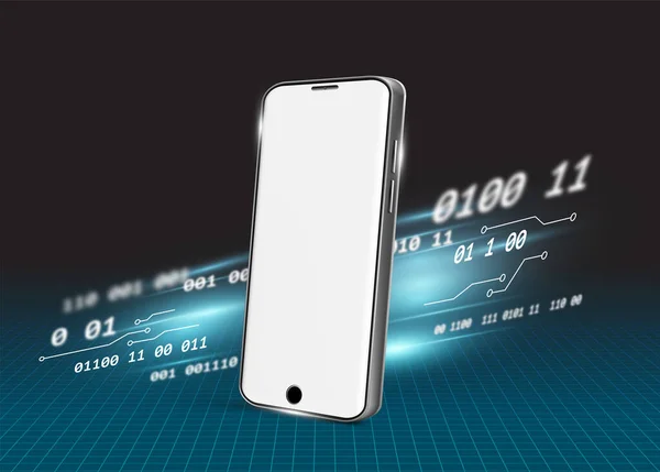 Beyaz ekran cep telefonu, teknolojiyi gösteren çizgilerin ve ışıkların önüne yerleştirilir..