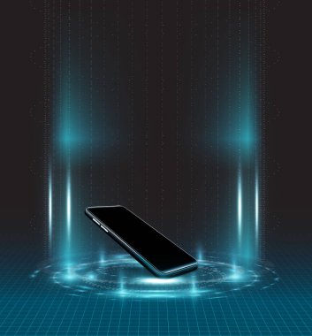 Cep telefonu şık bir mavi çerçeveyle çevrili..