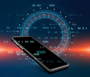Cep telefonu renkli hatlarda, teknoloji ışığı ise renkli arkaplanda..