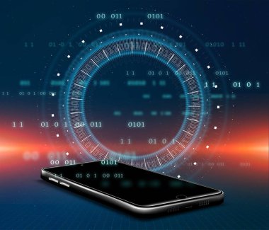 Cep telefonu renkli hatlarda, teknoloji ışığı ise renkli arkaplanda..