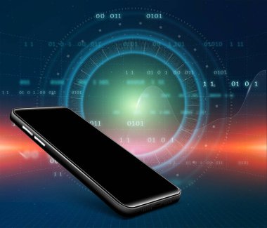Cep telefonu renkli hatlarda, teknoloji ışığı ise renkli arkaplanda..