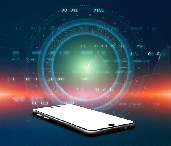 Cep telefonu renkli hatlarda, teknoloji ışığı ise renkli arkaplanda..