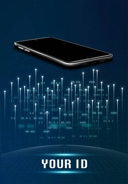 Cep telefonu dijital olarak sayısallaştırılmış bir numaranın üzerinde duruyor, yukarı doğru yükselen ışık demeti modern görünüyor..