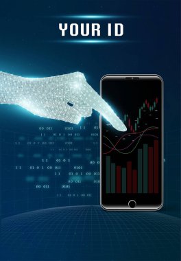 Önünde ticaret hattı olan cep telefonu ekranını işaret ederek.