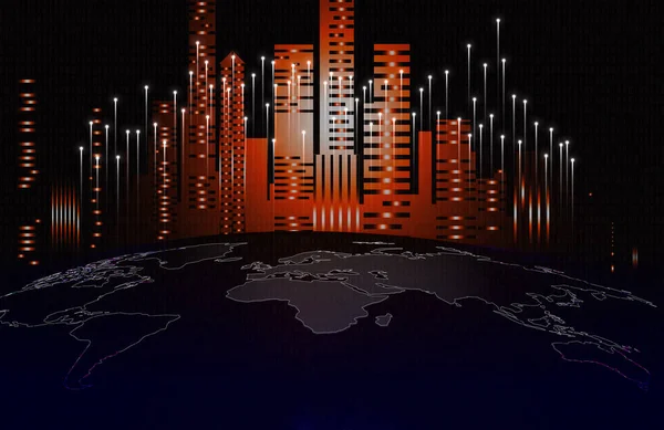 Wyłożone Wysokie Budynki Ziemi Mapie Świata Światłem Wznoszącym Się Nad — Wektor stockowy