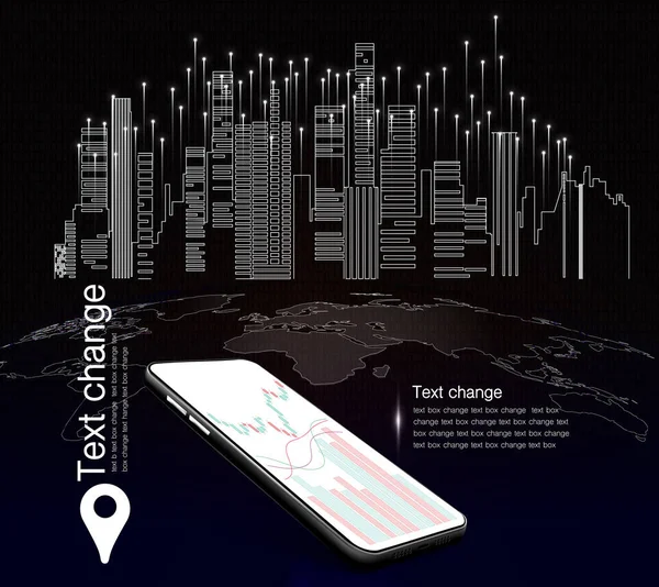 Bir cep telefonunun ekranında, üzerinde ışık yükselen yüksek binaların arka planına karşı bir grafik vardır..