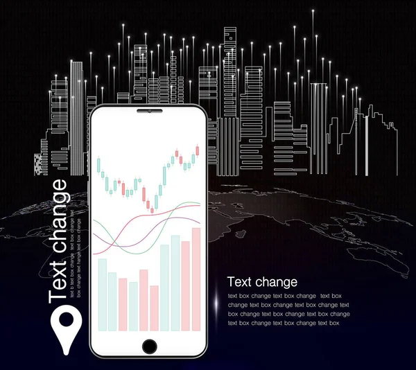 Telefon Komórkowy Wykres Ekranie Tle Wysokich Budynków Światłem Wznoszącym Się — Wektor stockowy