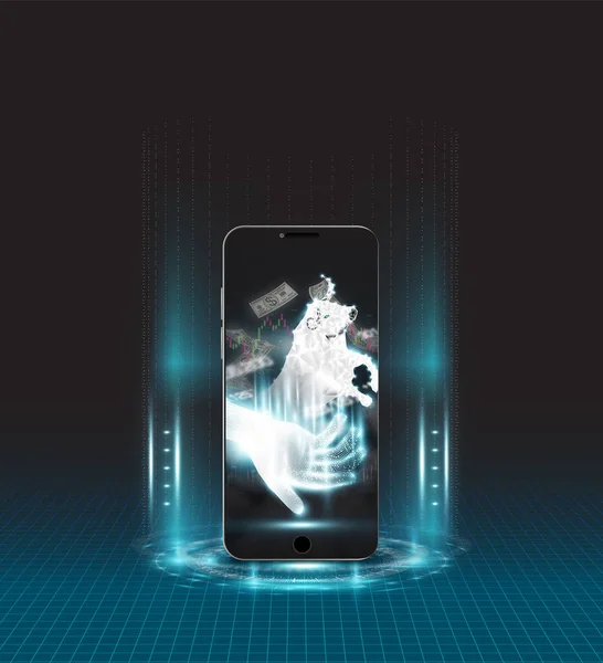 Сяючий Бик Технологічній Долоні Екрані Мобільного Телефону — стоковий вектор