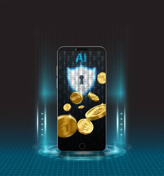 Świecący Symbol Bezpieczeństwa Jest Ekranie Telefonu Komórkowego — Wektor stockowy