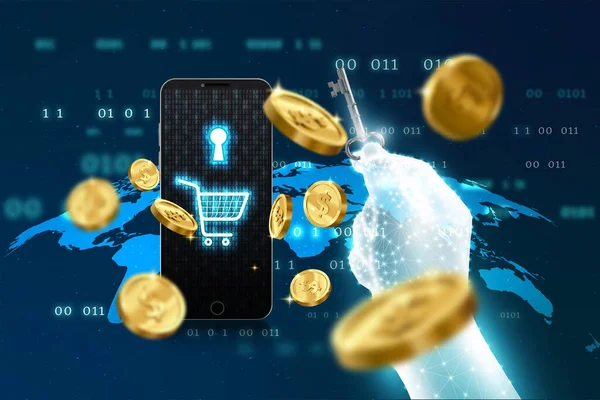 Cep telefonunun ekranında alışveriş arabası ve anahtar deliği var.