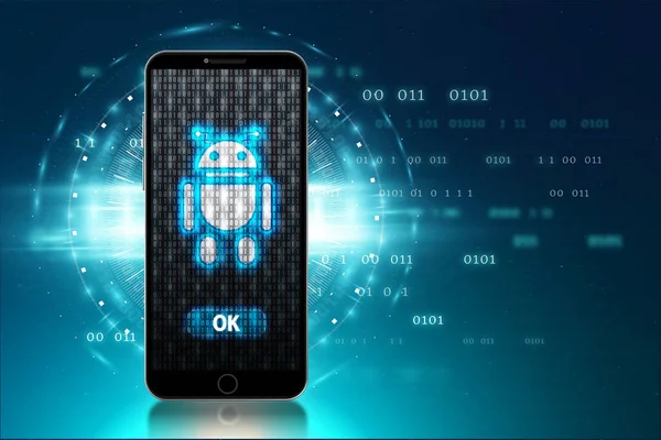 glowing robot stays on the screen of the mobile phone 3d