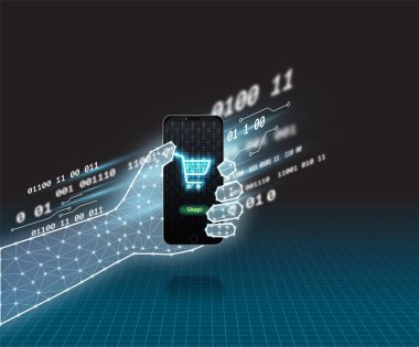 Shopping cart on screen of mobile phone, technology background