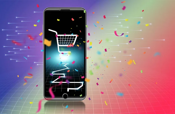 Alışveriş arabası cep telefonunun ekranında, her yerde kuyruklar uçuşuyor..